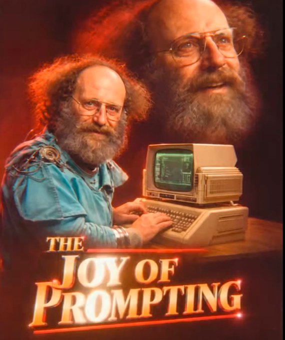 An AI-generated parody movie poster shows a bearded man with glasses and a retro computer, styled as 'THE JOY OF PROMPTING,' mimicking the 'Joy of Painting' aesthetic.