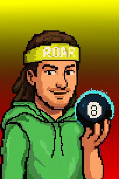 A pixel art illustration depicts a man wearing a yellow headband with 'ROAR' written on it and a green hoodie, holding a glowing blue 8-ball against a yellow-to-red gradient background.