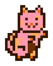 A pixel art image of a small pink and brown creature, resembling a simplified bear or cat, rendered in a retro video game style.