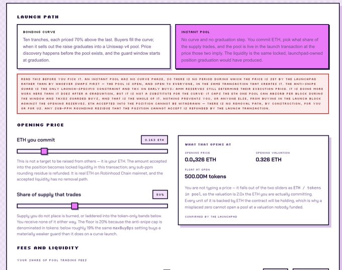 A screenshot of a cryptocurrency launchpad interface detailing 'LAUNCH PATH' options including 'BONDING CURVE' and 'INSTANT POOL', along with 'OPENING PRICE' settings showing ETH commitment and supply share sliders.