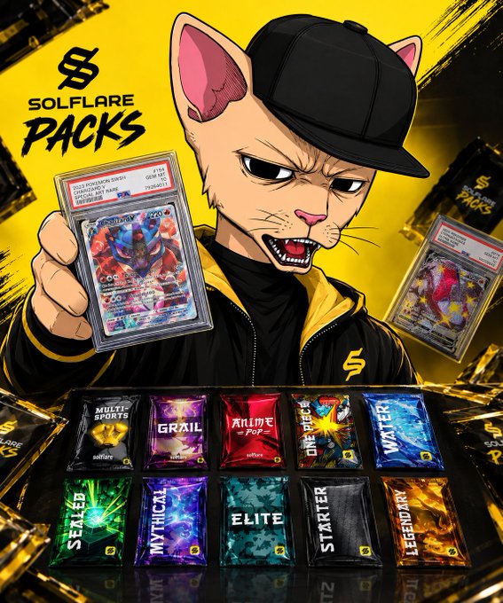 A promotional image for 'SOLFLARE PACKS' featuring an anime-style cat character wearing a black cap and jacket, holding a graded Pokémon card, with various booster pack categories displayed below including MULTI-SPORTS, GRAIL, ANIME, ONE-PIECE, WATER, SEALED, MYTHICAL, ELITE, STARTER, and LEGENDARY.