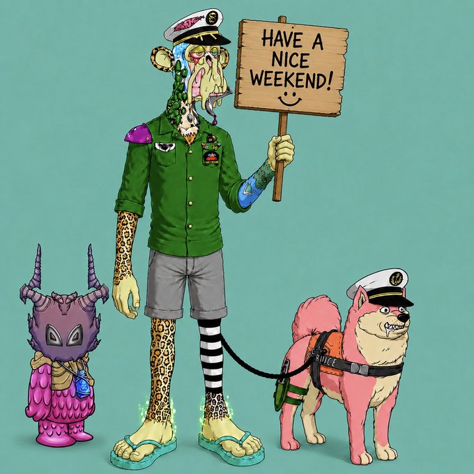 A colorful cartoon illustration of a multi-textured humanoid captain figure holding a "HAVE A NICE WEEKEND!" sign, accompanied by a small purple horned creature and a pink dog wearing a captain's hat and a "SERVICE" vest.