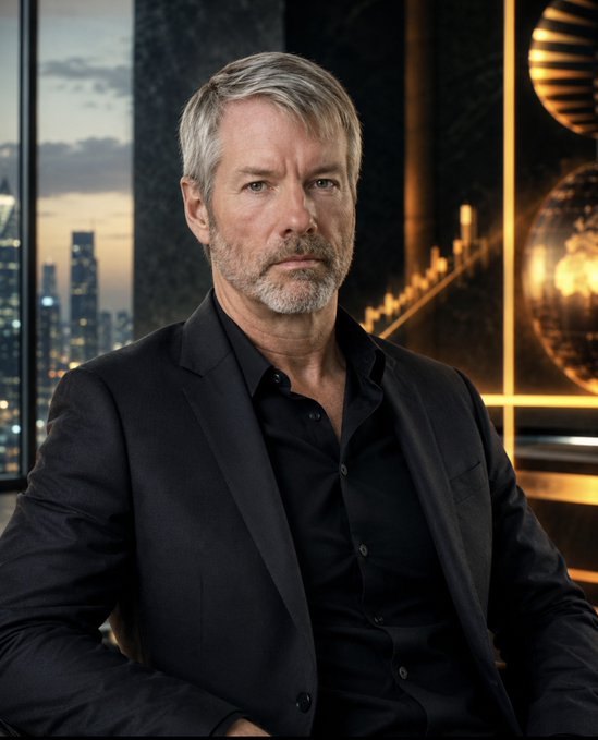 A mature man with gray hair and a beard, dressed in a black suit, poses in front of a cityscape with illuminated architectural details.