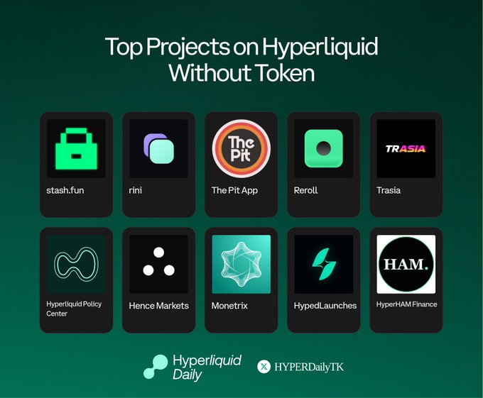 An infographic titled 'Top Projects on Hyperliquid Without Token' displaying logos for stash.fun, rini, The Pit App, Reroll, Trasia, Hyperliquid Policy Center, Hence Markets, Monetrix, HypedLaunches, and HyperHAM Finance.