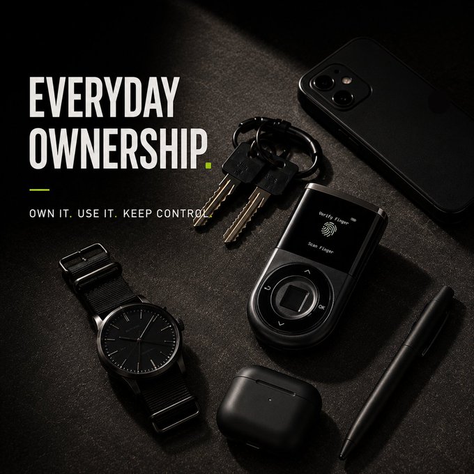 A flat-lay of everyday carry items—keys, a phone, watch, earbuds, and a biometric authentication device—alongside the text "EVERYDAY OWNERSHIP. OWN IT. USE IT. KEEP CONTROL." The image visually reinforces the post's message that crypto self-custody should integrate seamlessly into daily life, with the fingerprint scanner symbolizing secure, hands-on control of your assets.