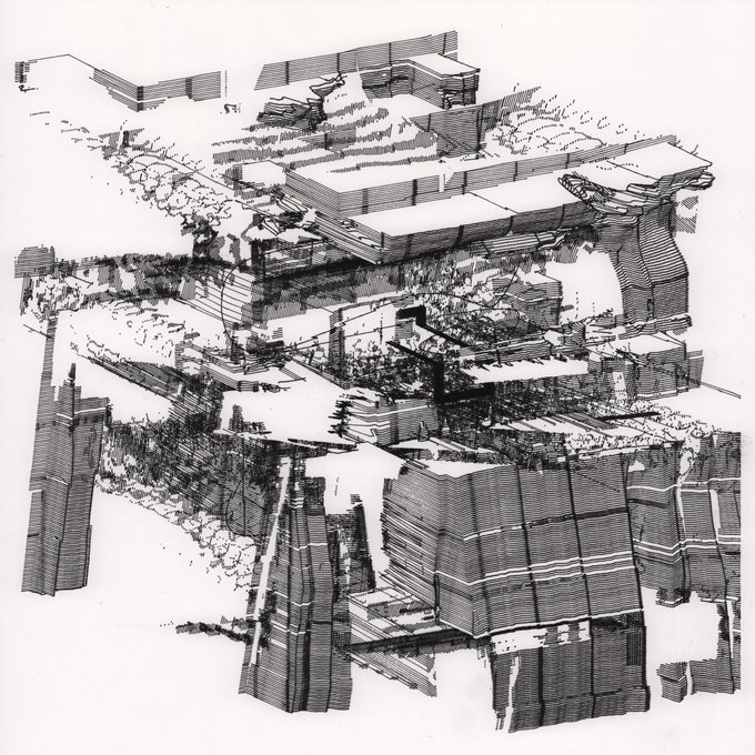 A detailed black-and-white ink drawing or architectural sketch showing a complex, layered structure with trees and varied topography.