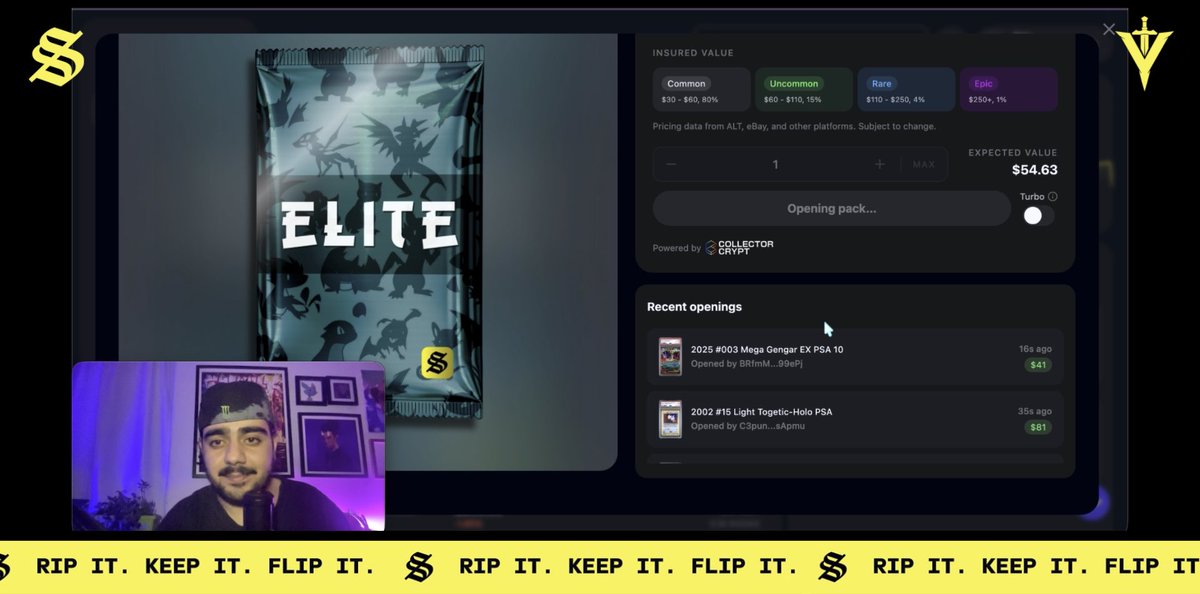 A man in a stream overlay records himself opening an "Elite" Solflare digital trading card pack with an expected value of $54.63, while the recent openings section shows a 2025 #003 Mega Gengar EX PSA 10 and a 2022 #15 Light Togetic-Holo PSA. The pack's pricing tiers visible include Common ($30-$60, 80%), Uncommon ($60-$110, 15%), Rare ($110-$250, 4%), and Epic ($250+, 1%), and the banner reads "RIP IT. KEEP IT. FLIP IT."