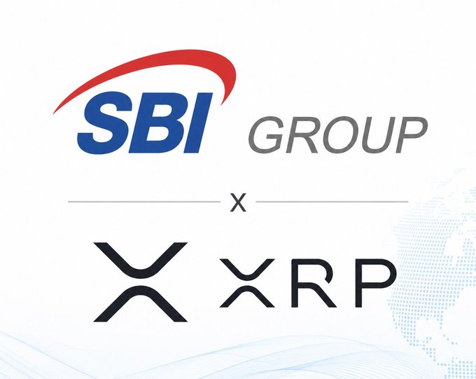 The image features a logo for Japan's SBI Group, which is positioned next to an XRP logo. The SBI Group has recently processed over $15B in cross-border transfers powered by Ripple ODL (official statement) and XRP. This indicates that the SBI Group may be involved with cryptocurrency or digital financial services through their partnership with XRP.