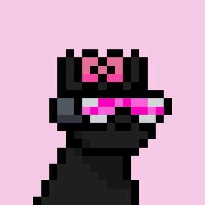 A pixel art black dog character with pink sunglasses and a pink teethy grin sits against a soft pink background, fitting the Doginal Dogs NFT theme of a dog character going to "win."