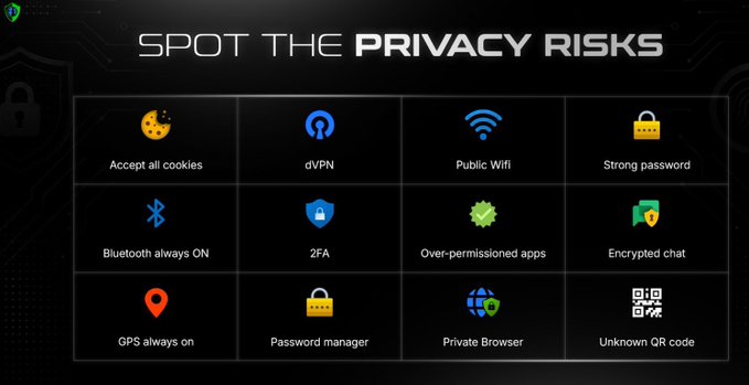 An infographic titled 'SPOT THE PRIVACY RISKS' displays a grid of 12 icons representing security concepts like cookies, dVPN, Public Wifi, 2FA, and GPS.