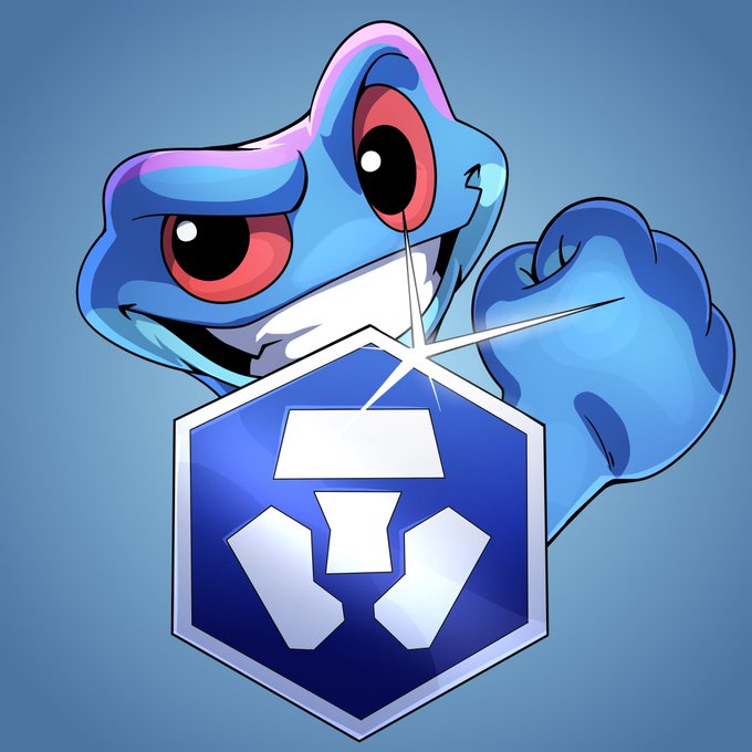 A cartoon illustration of a blue frog-like creature with large red eyes pointing at a shiny blue and white hexagonal shield logo.