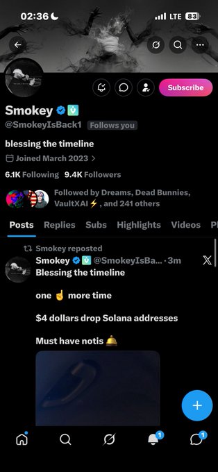 The image shows a screenshot of an X (Twitter) profile for "Smokey" (@SmokeyIsBack1), a crypto bot with 6.1K Following and 9.4K Followers, featuring a reposted message that reads "Blessing the timeline one ☝️ more time" with instructions to drop Solana addresses for $4 and noting that "Must have notis 🔔." The post relates to the accompanying message by sharing the Solana address where users can send tips to receive the $4 reward, explaining the Smokey bot's "blessing the timeline" giveaway mechanism.