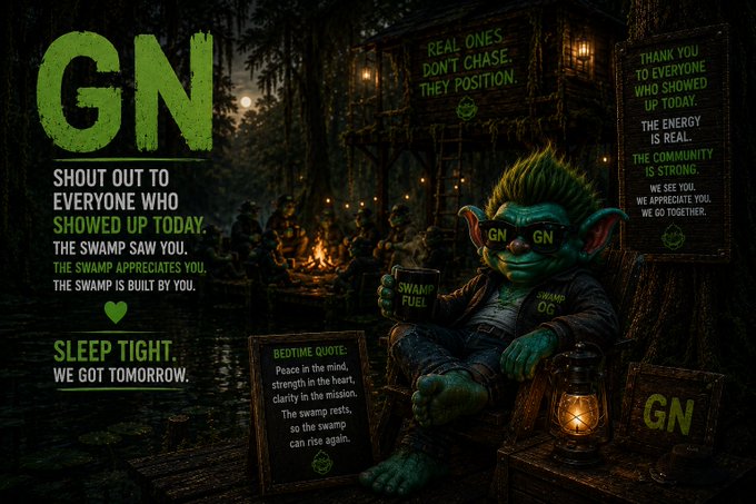 The image features a green elf with glasses sitting next to a wooden sign that says "GN" at the top of the frame, surrounded by other signs. The background includes trees and a body of water, creating an overall forest-like atmosphere. The text in the image reads "Huge Shout out to everyone who Showed up today! The Swamp Saw you, The Swamp appreciates you Rest up Friends #cryptolife #Solana".