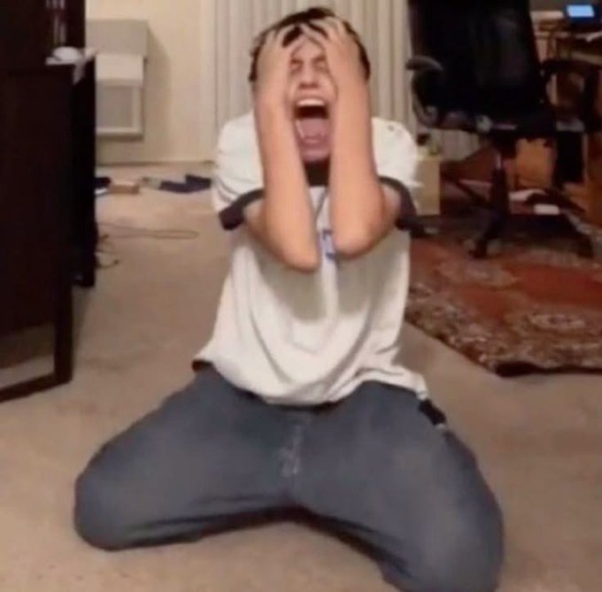 A guy kneeling on the floor, clutching his head with both hands and screaming in exaggerated despair, perfectly captures the over-the-top grief of a developer whose project just shut down. The image matches the post's description of frustration, showing the dev's expression after two years of work went to waste due to failed funding.
