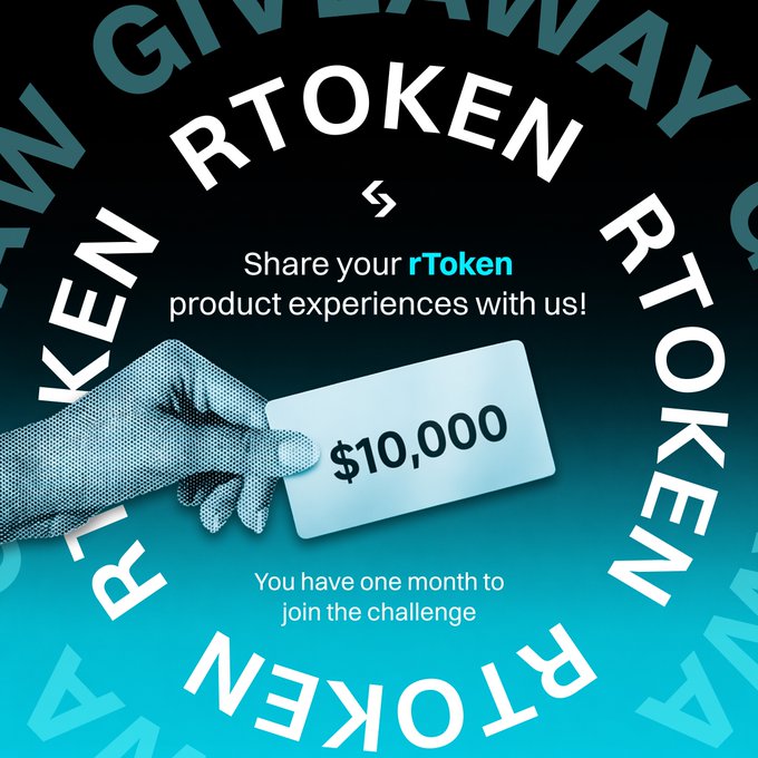 The image is a promotional graphic for an rToken giveaway featuring a halftone-style hand holding a $10,000 voucher, with text inviting users to "Share your rToken product experiences with us!" and noting they have one month to join the challenge, visually reinforcing the "Try rToken and win" message with a bold $10,000 prize.