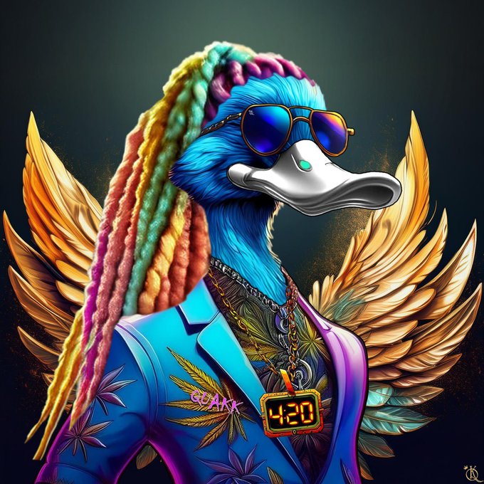 A colorful digital art piece of an anthropomorphic duck with rainbow dreadlocks, blue feathers, gold angel wings, and aviator sunglasses, wearing a suit with cannabis leaves and a digital clock necklace reading '4:20'.