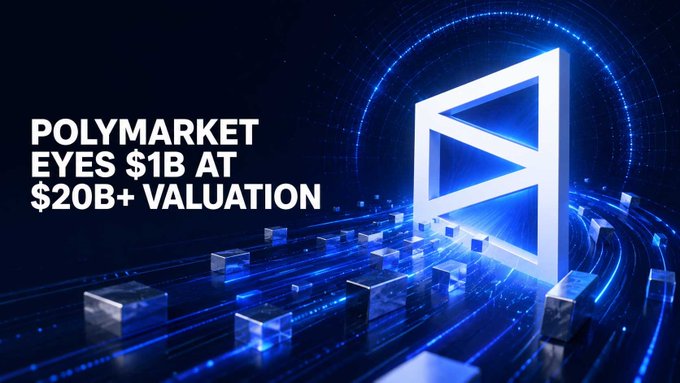 A financial news graphic with blue digital cube effects displaying the headline 'POLYMARKET EYES $1B AT $20B+ VALUATION'.
