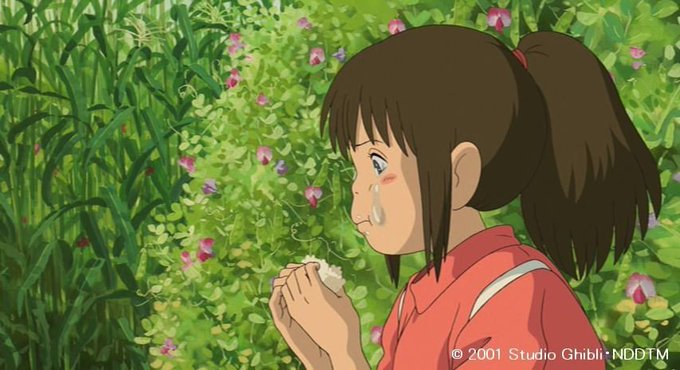 A scene from Studio Ghibli's "Spirited Away" shows Chihiro crying while holding a rice ball, with the text "© 2001 Studio Ghibli · NDDTM" visible. The image humorously reflects the poster's distress over a forced liquidation, using the iconic tearful moment where Chihiro eats a comforting rice ball after experiencing her own hardships.