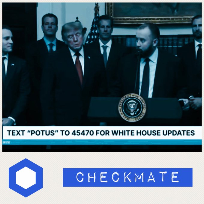 Political meme showing Trump and associates at a White House podium with text 'TEXT "POTUS" TO 45470 FOR WHITE HOUSE UPDATES' and a 'CHECKMATE' button at the bottom.