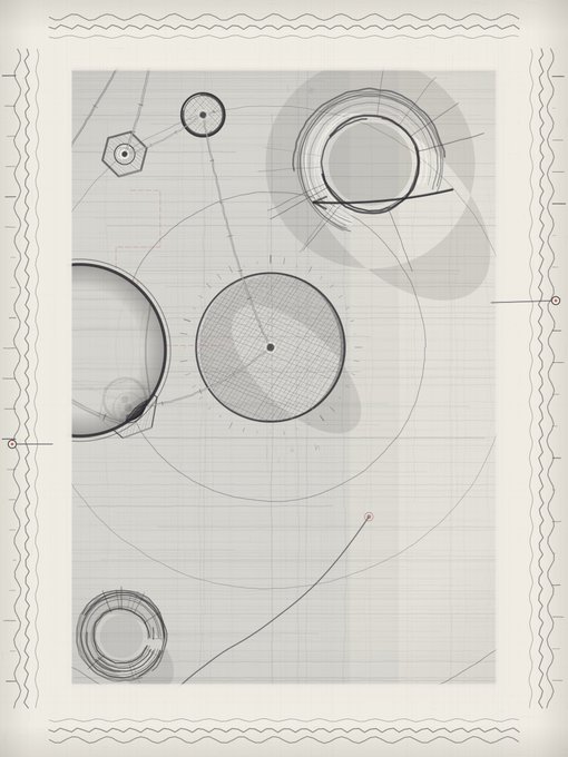An abstract technical drawing on graph paper with wavy borders, featuring circular shapes, geometric lines, and what appears to be a magnifying glass.