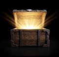 A glowing open treasure chest emitting bright golden light against a black background.