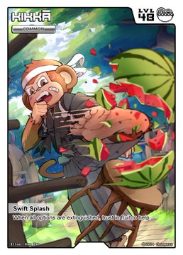 A Pokémon Trading Card Game card titled 'Swift Splash' (LV. 40) showing a simian character enjoying a summer fruit feast, with the flavor text: 'When all options are exhausted, feed him the food he loves.'