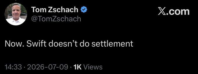 A tweet from Tom Zschach (@TomZschach) reading "Now. Swift doesn't do settlement," posted at 14:33 on 2026-07-09 with 1K views, supporting his point that SWIFT only handles messaging while Ripple provides both messaging and settlement.