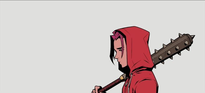 An illustrated character with pink-streaked hair in a red hooded cloak carrying a large spiked baseball bat on their shoulder.