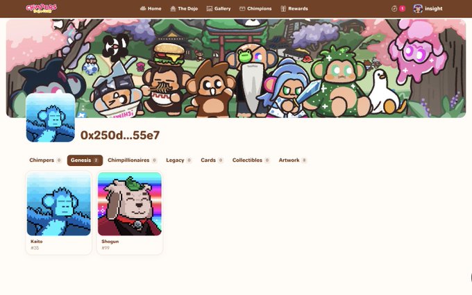 A screenshot of the Chimpers NFT website showing a gallery of Genesis 1 Chimpers collection characters, including Keiko (#15) and Shogun (#37).
