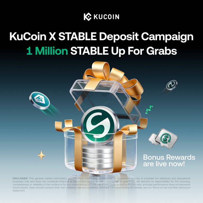 A KuCoin promotional graphic announces the "KuCoin X STABLE Deposit Campaign" offering "1 Million STABLE Up For Grabs," featuring a gift box overflowing with STABLE tokens and golden ribbons alongside the text "Bonus Rewards are live now!" This visually reinforces the campaign's message of an ongoing prize pool giveaway for STABLE depositors.