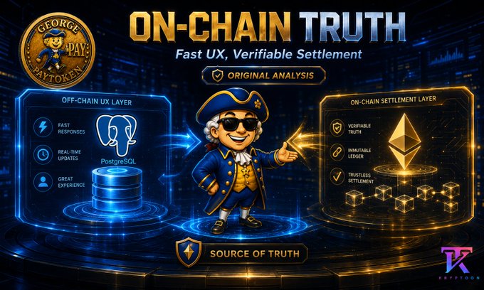 A crypto infographic titled 'ON-CHAIN TRUTH - Fast UX, Verifiable Settlement' featuring a George Washington mascot labeled 'GEORGE PAYTOKEN,' illustrating the flow from an Off-Chain UX Layer (PostgreSQL) to an On-Chain Settlement Layer (Ethereum).