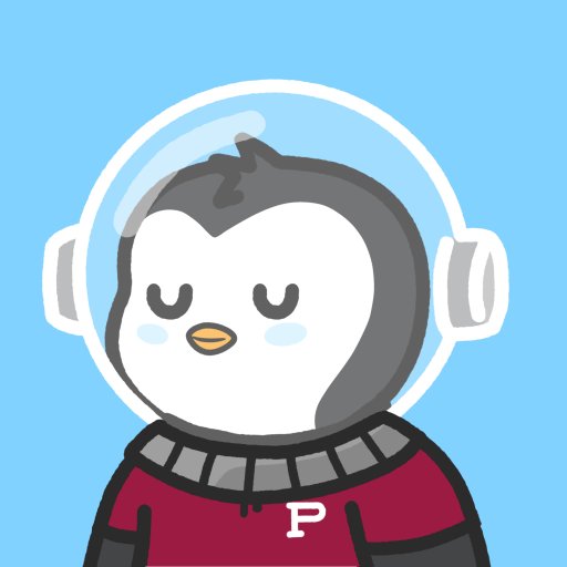 Cartoon illustration of a penguin wearing a space helmet and a red shirt with a 'P' logo on a light blue background.