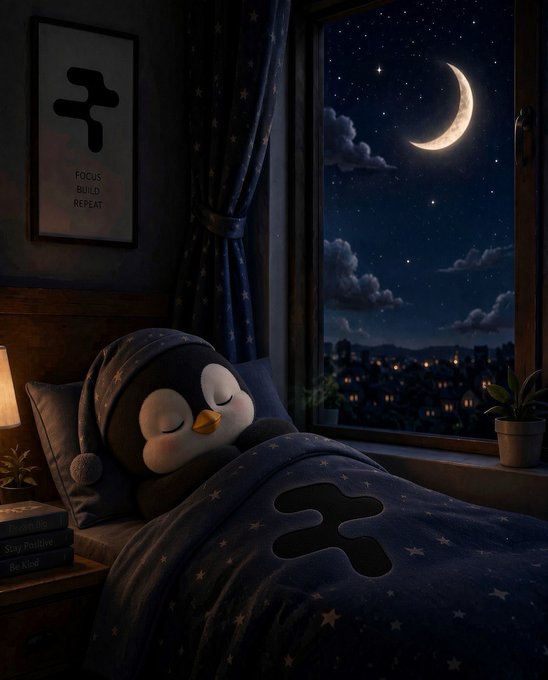 A 3D animated nighttime scene showing a penguin plush toy sleeping under a dark blue star-patterned blanket with a logo on it, beside a window displaying a crescent moon over a starry cityscape, with a framed 'FOCUS BUILD REPEAT' poster on the wall.