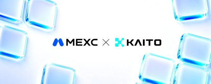 A promotional graphic featuring the MEXC and KAITO logos centered among blue translucent ice cubes on a white background.
