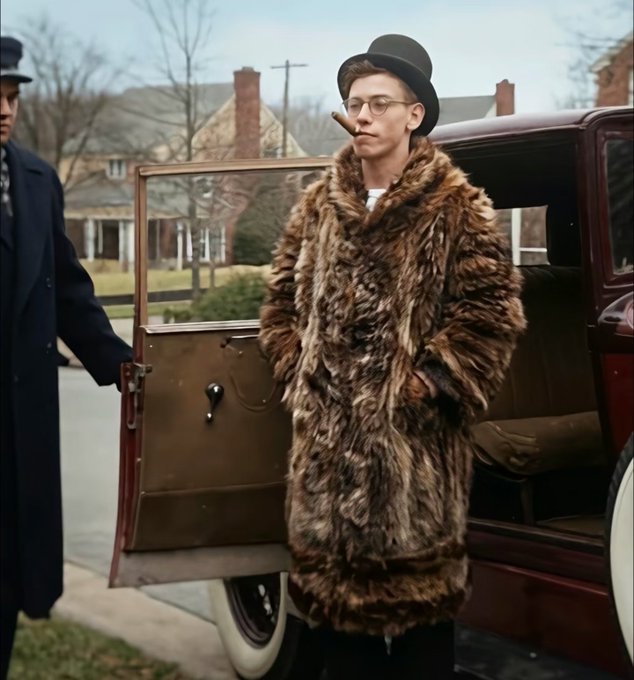 A man in glasses, a bowler hat, and a long fur coat steps out of a vintage car, with another formally dressed man holding the door. The image appears to depict Warren Buffett, visually reinforcing the post’s advice about studying money-making and human nature.