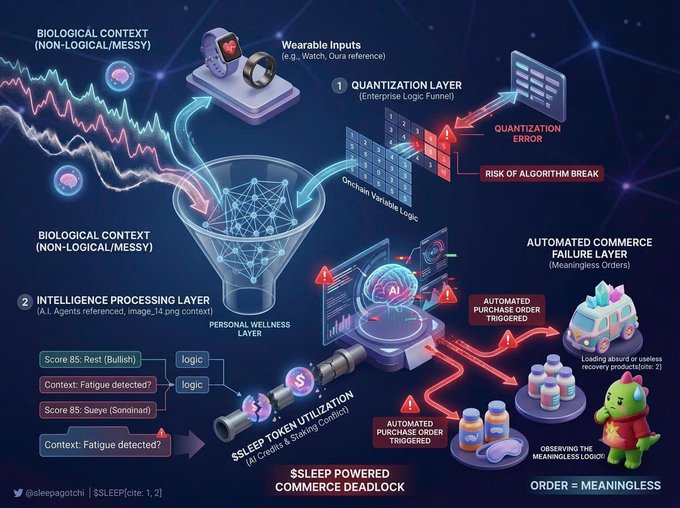 A complex, dark-themed infographic diagram titled 'SSLEEP POWERED COMMERCE DEADLOCK' illustrating concepts like 'Wearable Inputs', 'Quantization Layer', 'Intelligence Processing Layer', and 'Automated Commerce Failure Layer' with various icons and flowcharts.