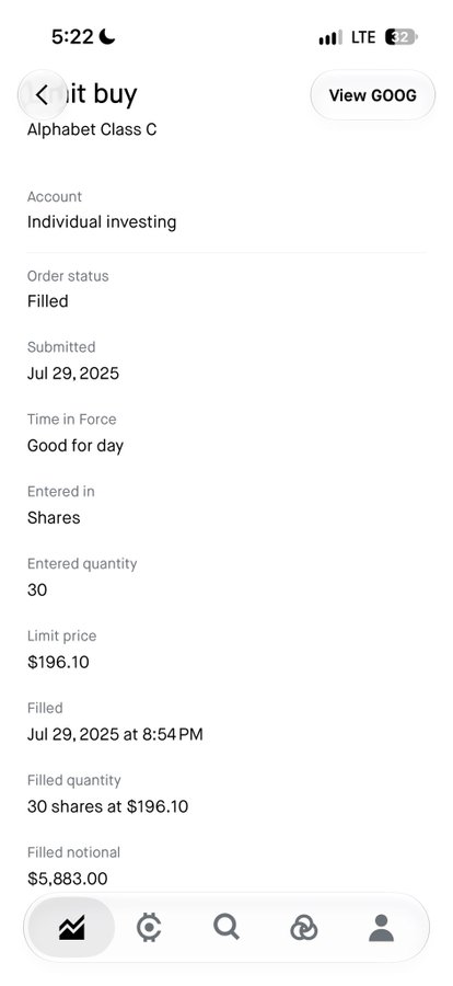 A mobile brokerage app screenshot showing a filled 'Limit buy' order for 30 shares of 'Alphabet Class C' (GOOG) at $196.10 each, submitted July 29, 2025.
