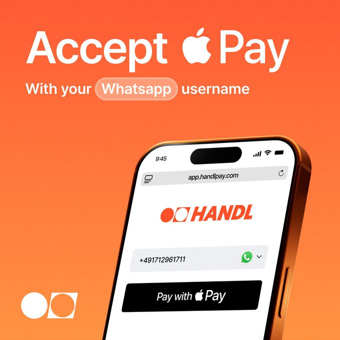 A promotional graphic for HandlPay 2.0 announces the ability to "Accept Apple Pay With your Whatsapp username," showing a phone displaying the app.handlpay.com interface with a "+491712961711" contact and a "Pay with Apple Pay" button, tying into the contest by teasing an exciting upcoming feature for users to win a $20 prize.