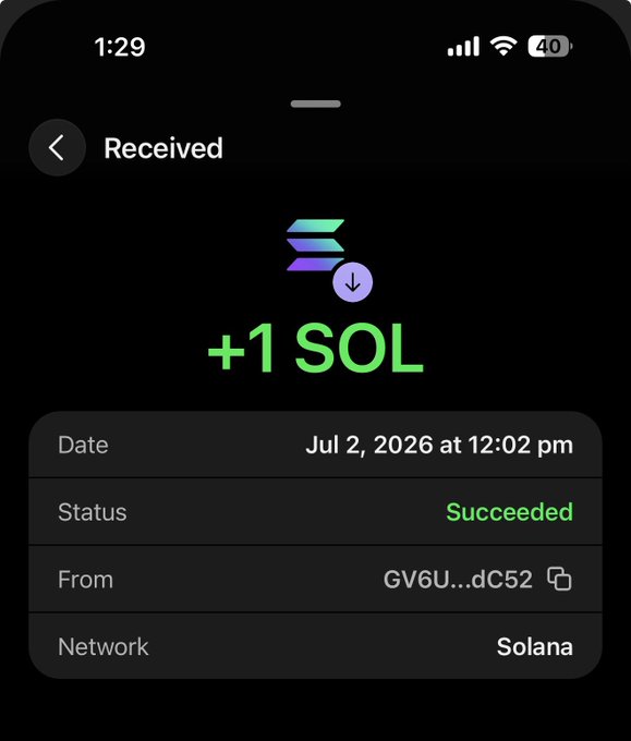 This image shows a "Received" notification for "+1 SOL" on the Solana network, timestamped July 2, 2026, confirming the post's statement about receiving 1 $SOL.