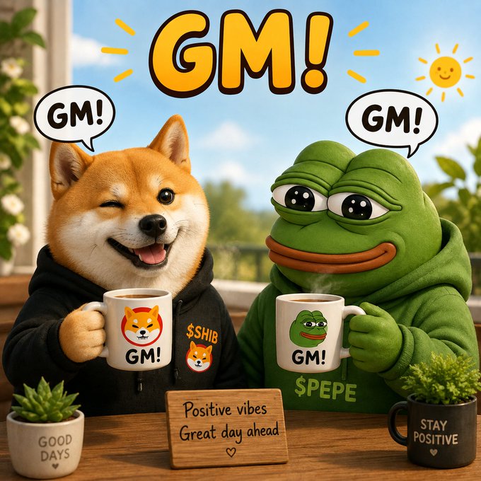 A cheerful cartoon image features a Shiba Inu dog in a '$SHIB' hoodie and a Pepe the Frog in a '$PEPE' hoodie clinking coffee mugs, with speech bubbles saying 'GM!' and a sign reading 'Positive vibes, Great day ahead'.
