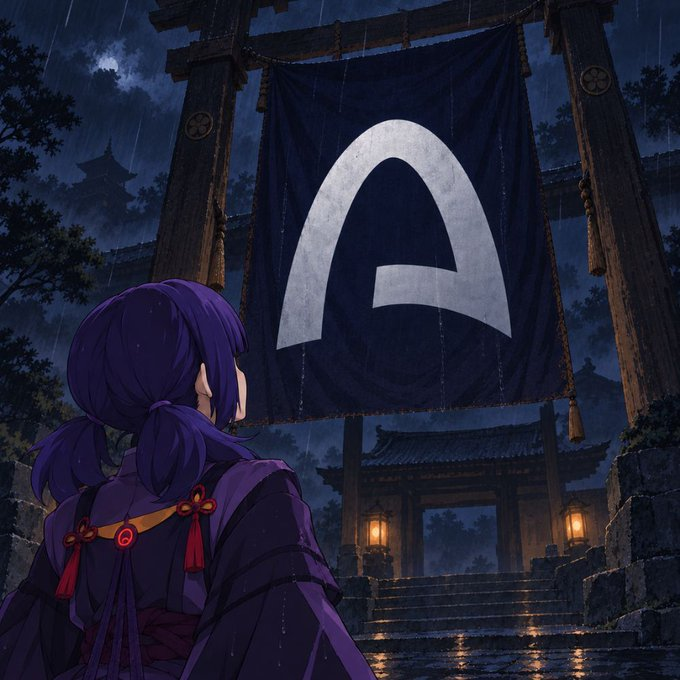 An atmospheric anime-style illustration showing a purple-haired character from behind, looking up at a large banner displaying a stylized 'A' logo hanging from a torii gate in a rainy nighttime scene.