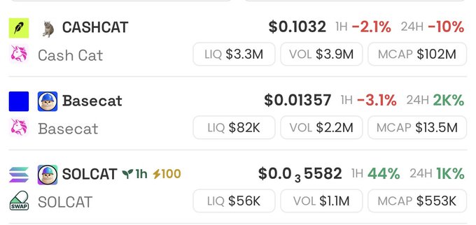 A cryptocurrency price tracking interface showing CASHCAT at $0.1032 (down 2.1%/10%), Basecat at $0.01357 (down 3.1%, up 2K%), and SOLCAT at $0.0035582 (up 44%/1K%) with their respective liquidity, volume, and market cap statistics.