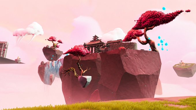 The image features a pink island with trees, rocks, and buildings floating above it. The island appears to be made of red rock or stone, giving it an interesting and unique appearance. There are also several other islands visible in the background, suggesting that this is part of a larger underwater world. The post includes a link to a website called @Dojo_Kidz, which could potentially be related to the game or the island depicted in the image.