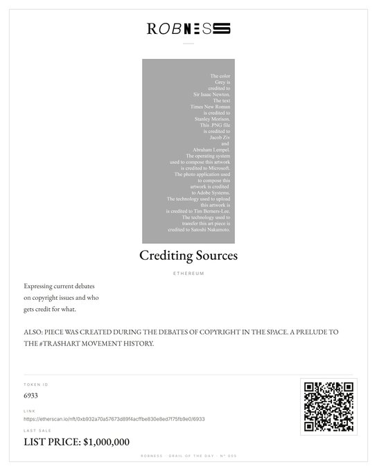 A digital certificate or NFT listing from 'ROBNESS' titled 'Crediting Sources' with text crediting Sir Isaac Newton, Times New Roman, Stanley Morrison, Jacob Zwey, and Satoshi Nakamoto, along with a token ID of 6933 and a list price of $1,000,000.