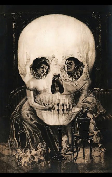 A surreal, dark illustration of two figures in ruffled collars seated at a table, encased within a large, translucent bubble.