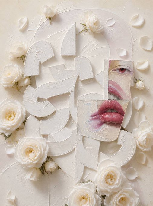 White roses and scattered petals frame a textured white relief sculpture alongside a torn portrait of lips and an eye, evoking themes of beauty and emotion. The post's message of "unstoppable force" and community energy ties into the image's layered, fragmented aesthetic, suggesting collective strength and alignment.