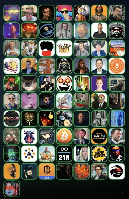 A grid of approximately 50 profile pictures tagged in the post, featuring portraits, Bitcoin logos, memes, and graphics with visible text including "BTC", "21M", "BITCOIN", "POPE BITCOIN", and "THE SIMPLEST BITCOIN EDUC," representing the users listed in the caption.
