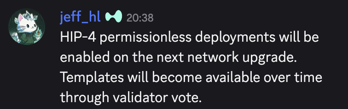 A Discord message from user "jeff_hl" (with a unicorn avatar) at 20:38 announcing that "HIP-4 permissionless deployments will be enabled on the next network upgrade. Templates will become available over time through validator vote." This serves as a reference point for the post, which discusses Hypercall's upcoming ability to combine Perps and HIP-4 into vanilla options following HIP-4's mainnet activation.