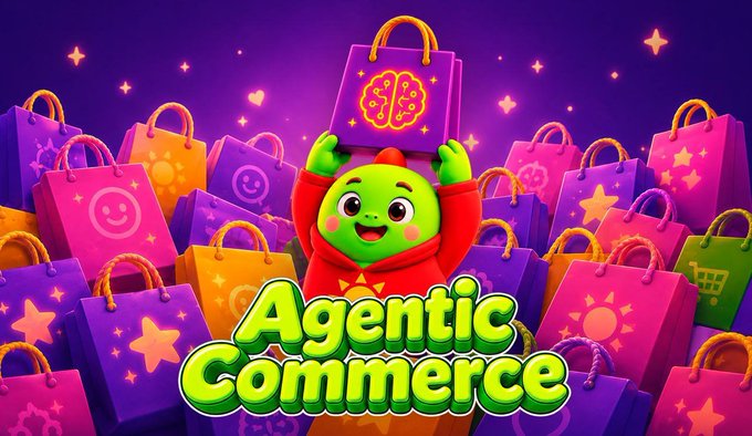 A colorful 3D graphic features a cheerful green character in a red hoodie holding up shopping bags, surrounded by piles of vibrant shopping bags, with the text 'Agentic Commerce' displayed prominently.