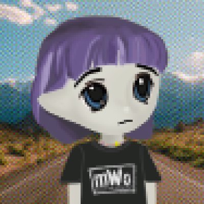 A pixelated 3D-style avatar of a girl with purple hair and large blue eyes wearing a black t-shirt, standing in a desert landscape under a cloudy sky.